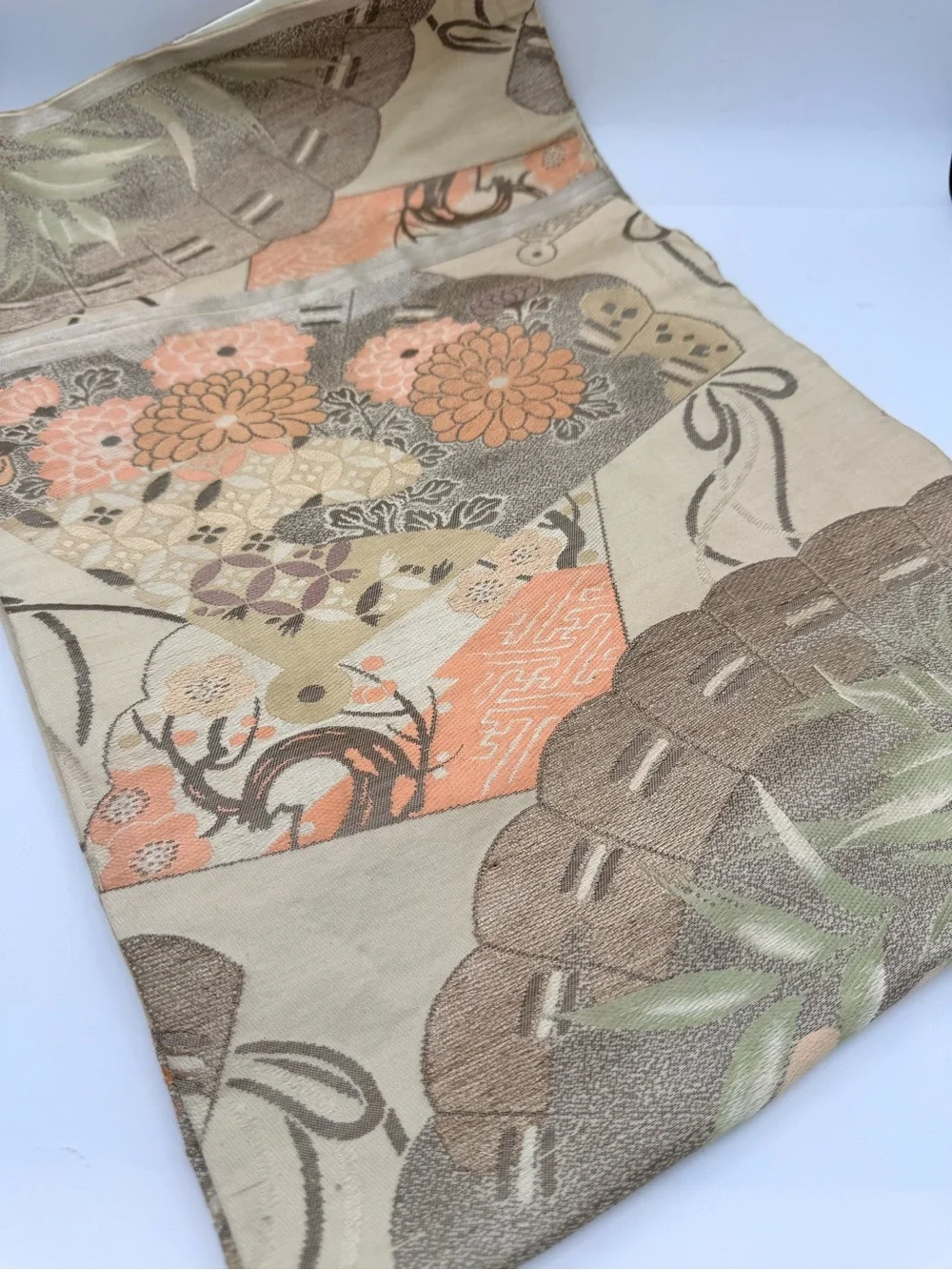 Vintage Japanese Obi Sash/Runner with Peach, Sage & Beige Fan Palette